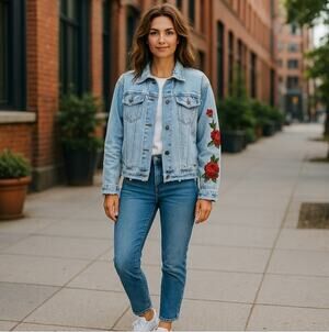 Say What? Distressed Denim Jean Jacket with Rose Accents Size L